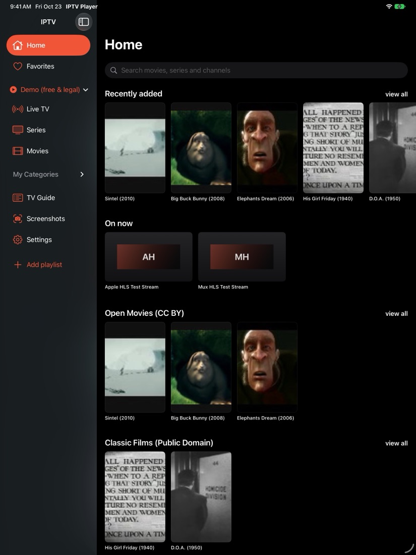 IPTV Player on iPad: Home