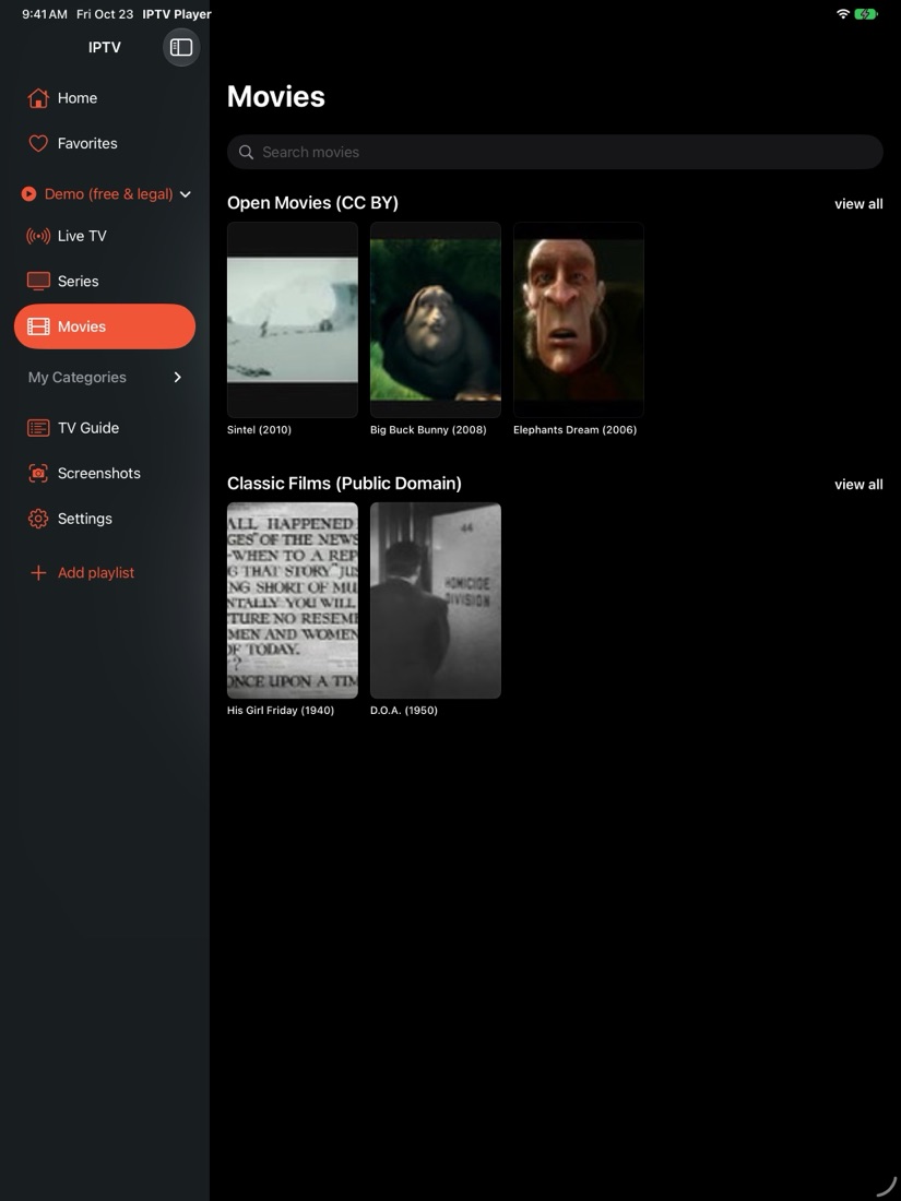 IPTV Player on iPad: Movies